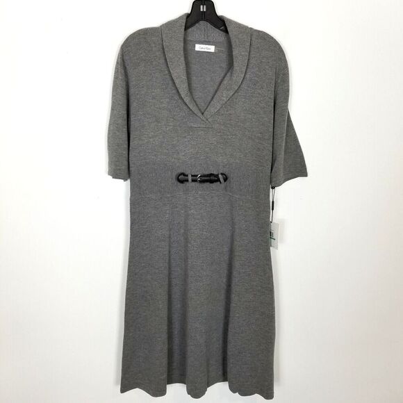 CALVIN KLEIN Women Sweater Dress Sz L Gray Shawl Collar Buckle Waist Career - Picture 1 of 9